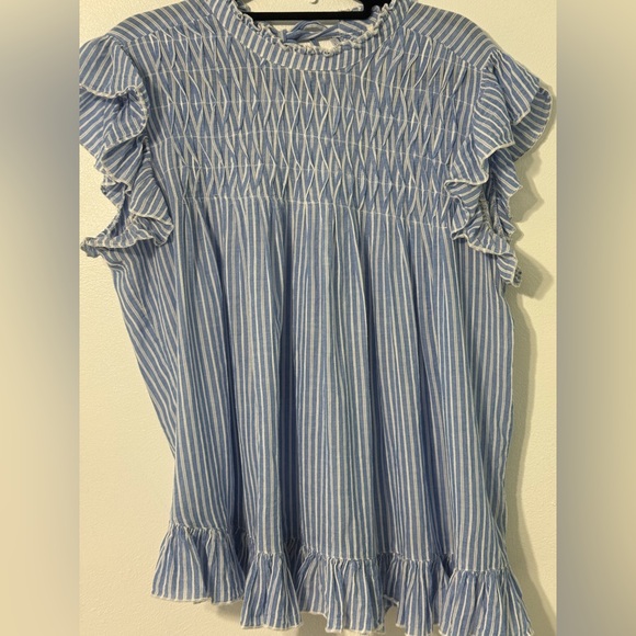 Anthropologie Blue and White Striped ruffle smocked blouse - Picture 1 of 7